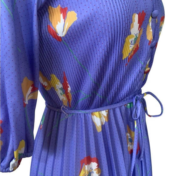 Vintage blue floral pleated pleated midi dress with fabric belt approx medium - Picture 5 of 9